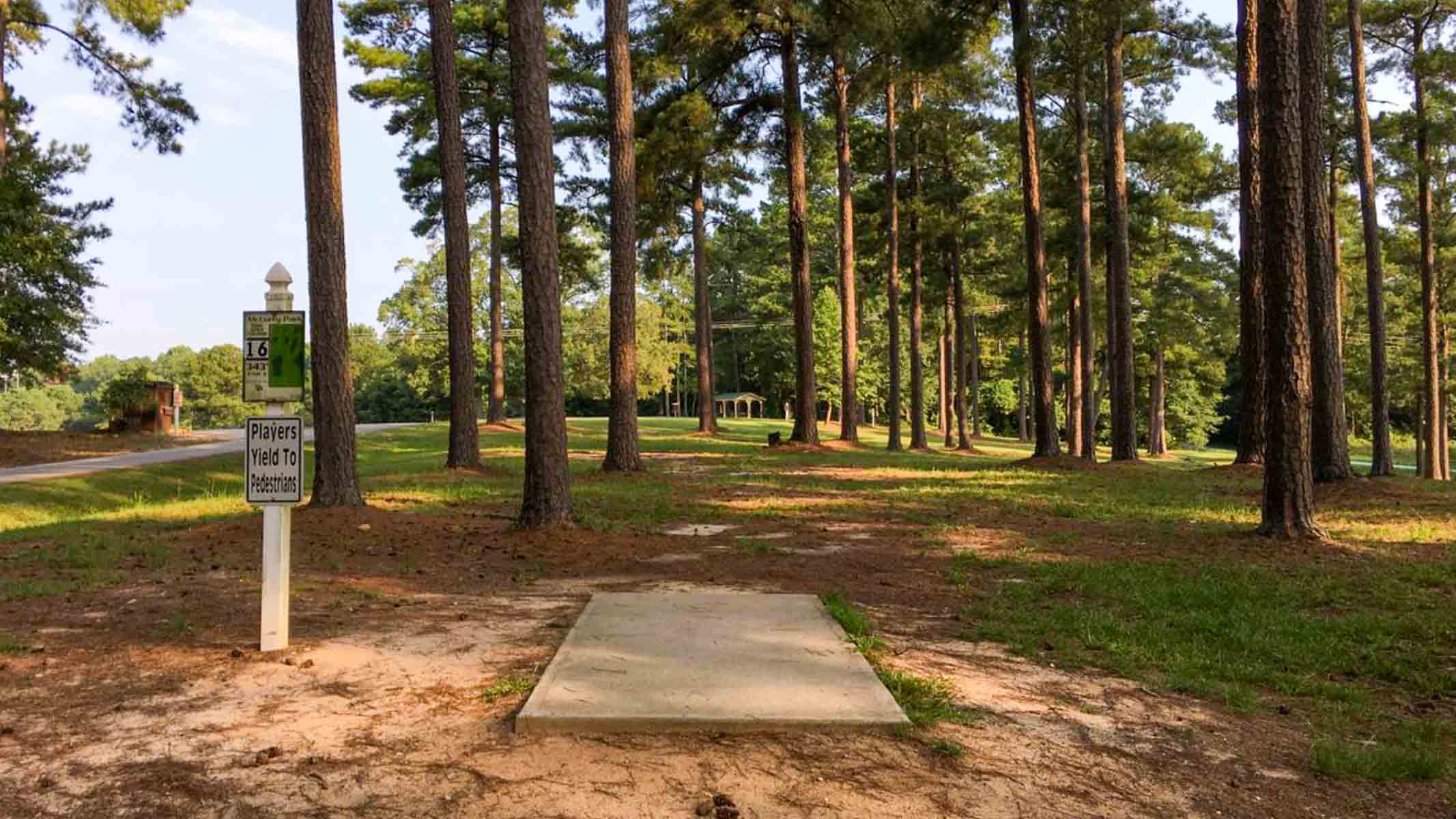The hole six tee pad at McCurry Park Disc Golf Course